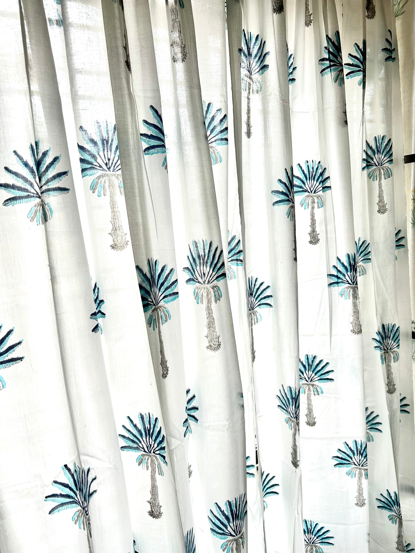Blue Palm Block Printed Sheer Curtains