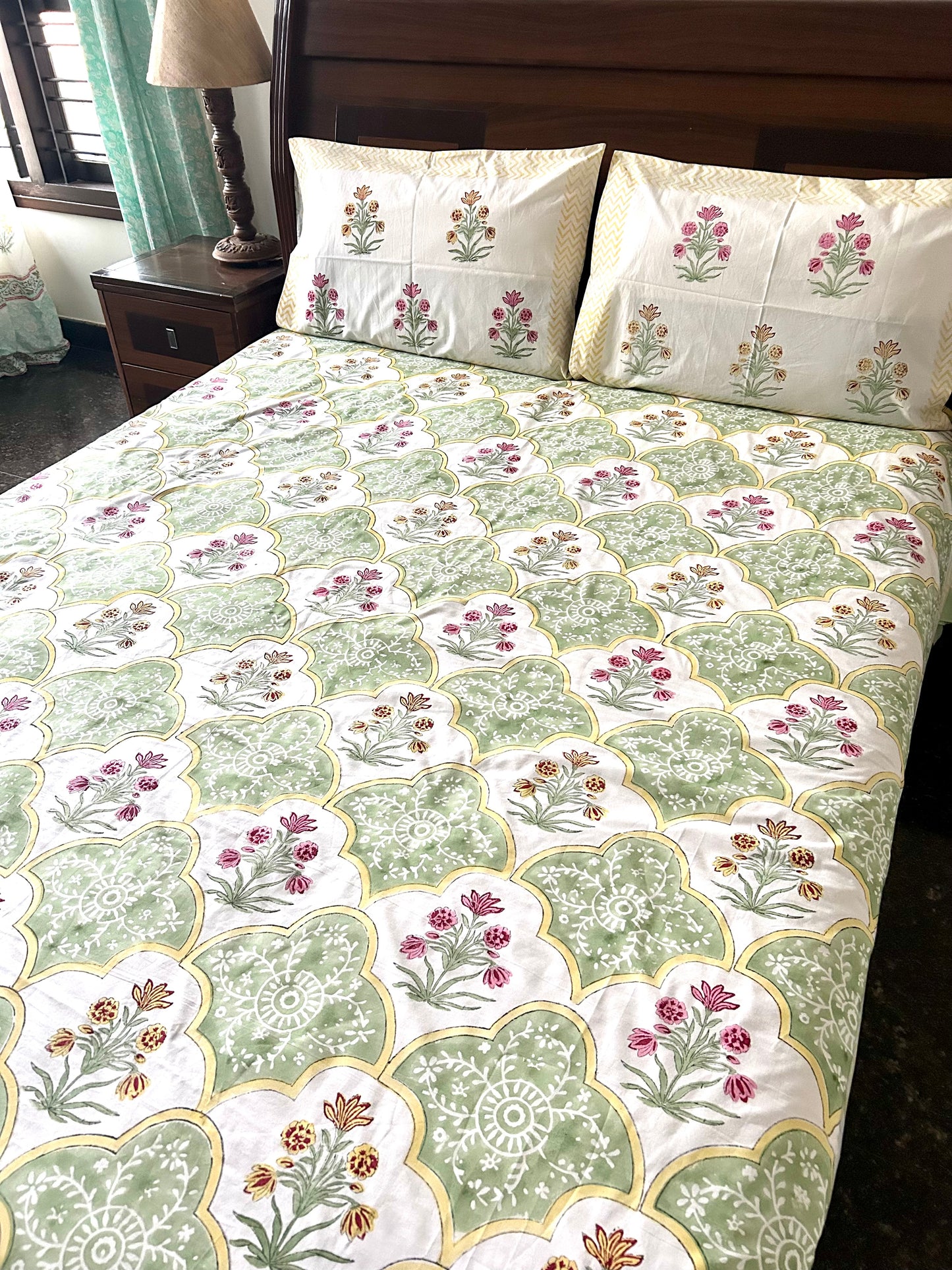 Adya Block Printed Green Cotton Bedsheet(90x108)