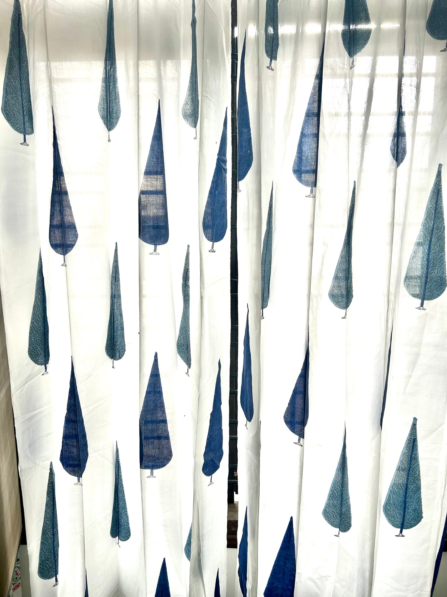 Blue Conifers Block Printed Sheer Curtains