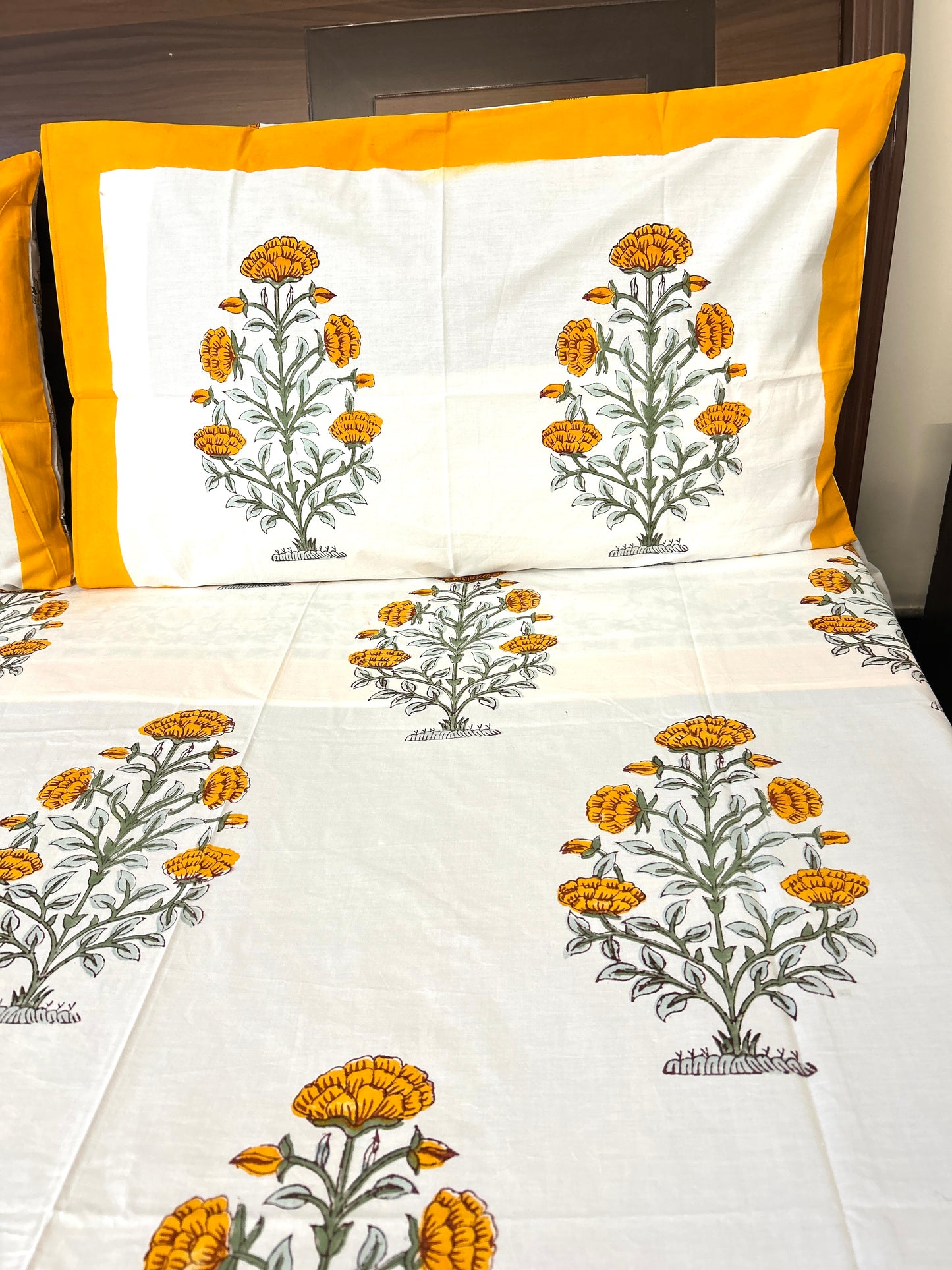 Yellow Floral Shrub Block Printed Cotton Bedsheet(108x108)