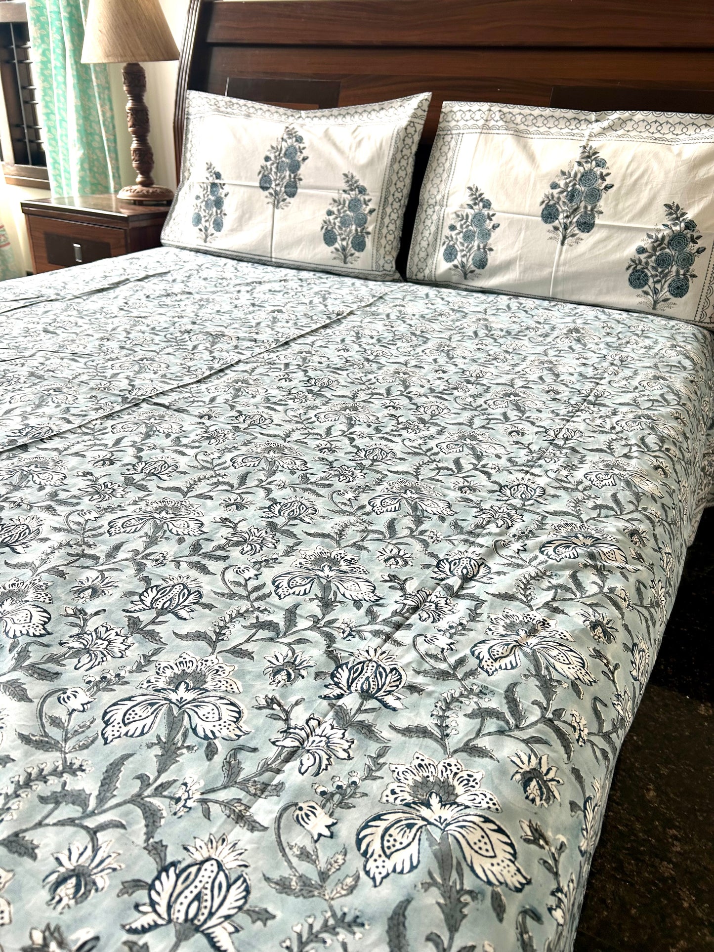 Bhumi Block Printed Grey Cotton Bedsheet(108x108)