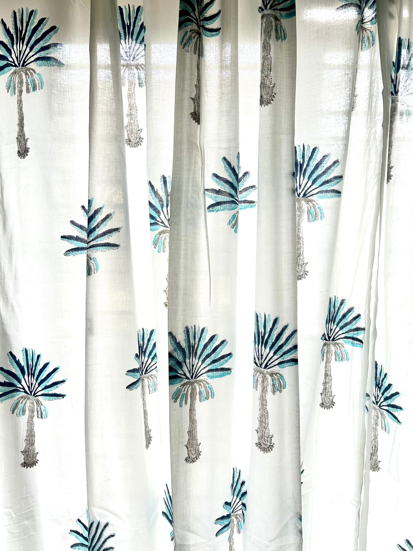 Blue Palm Block Printed Sheer Curtains