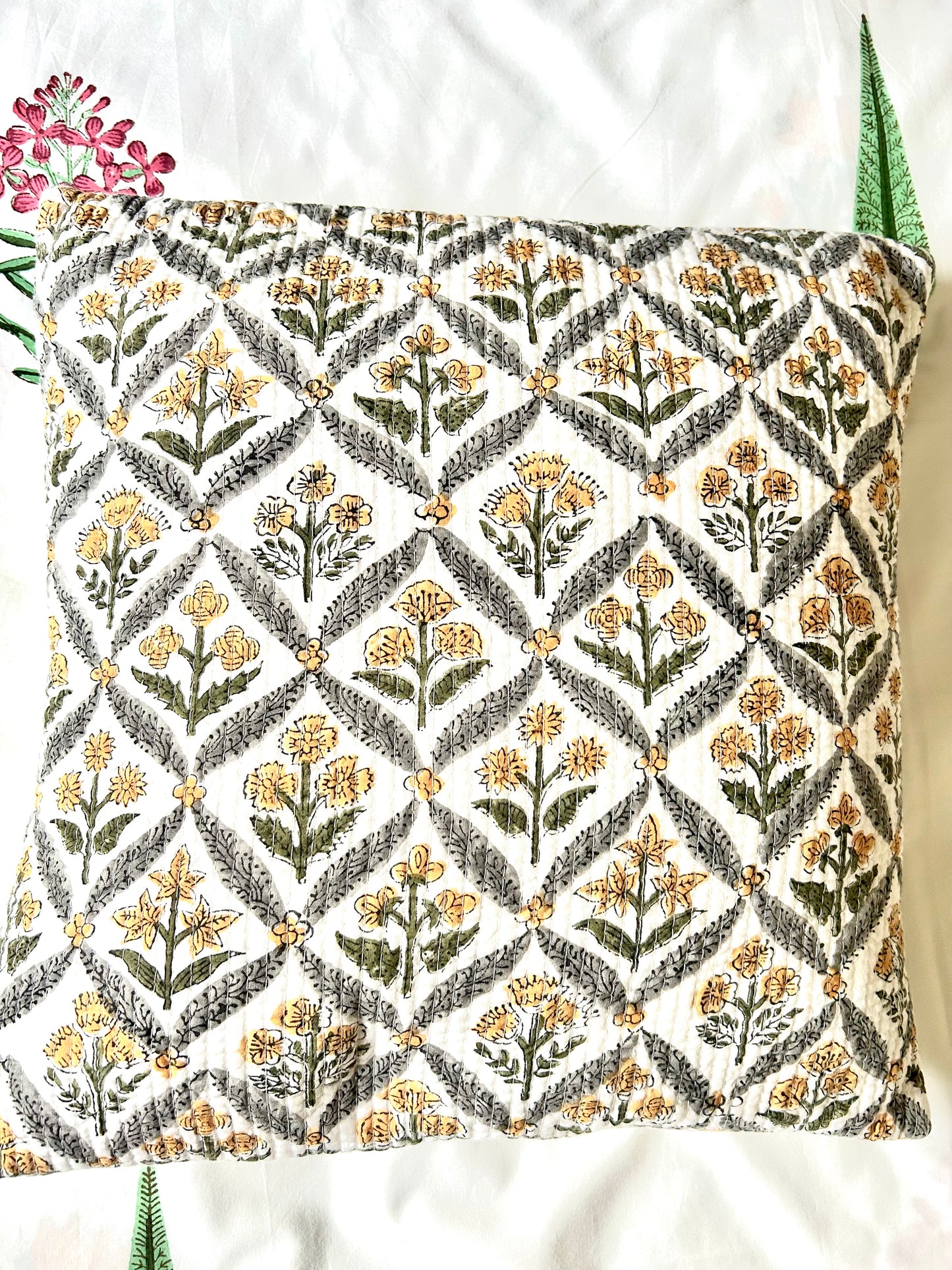 Karuna Block Print Quilted Cushion Cover