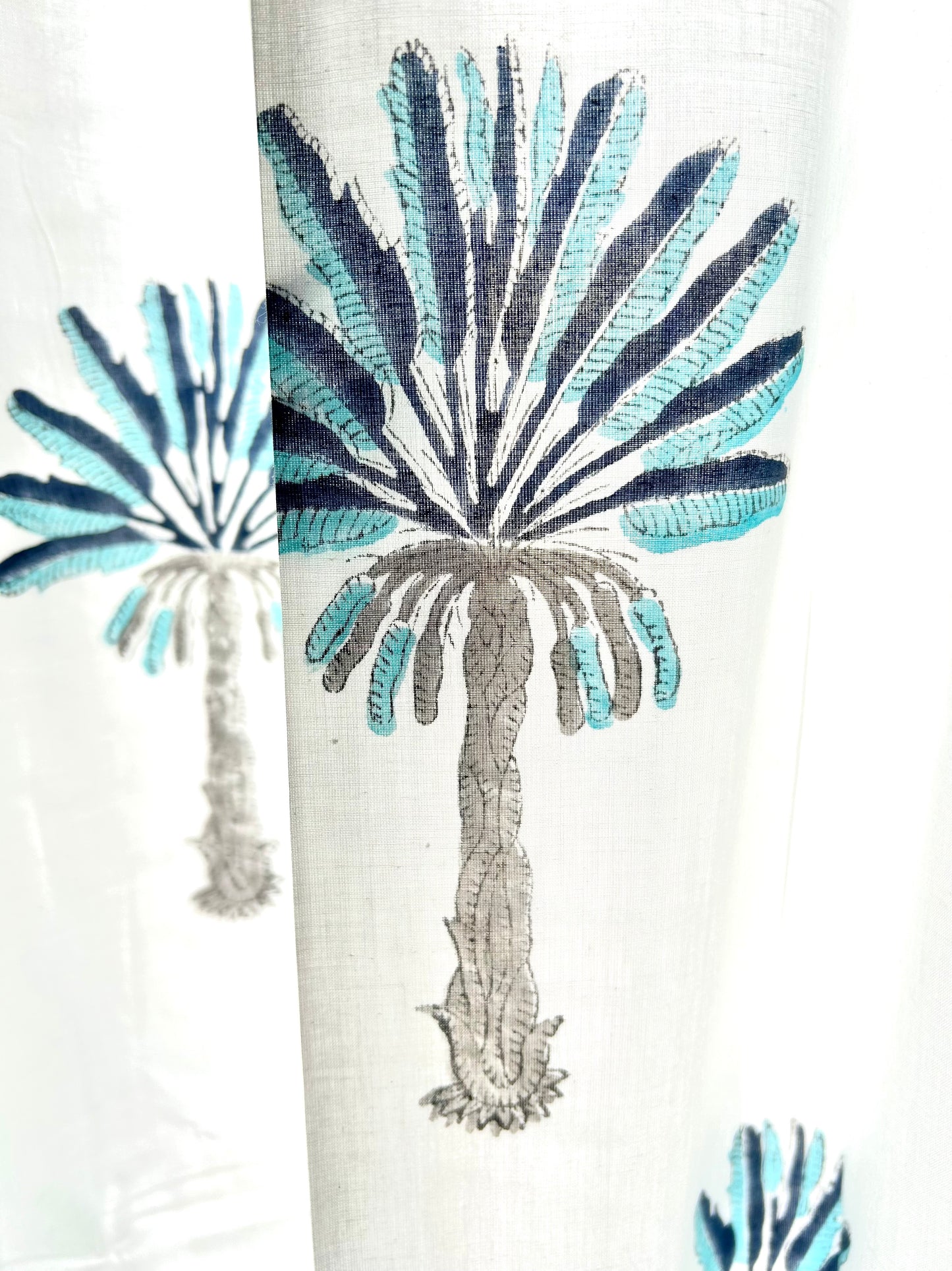 Blue Palm Block Printed Sheer Curtains
