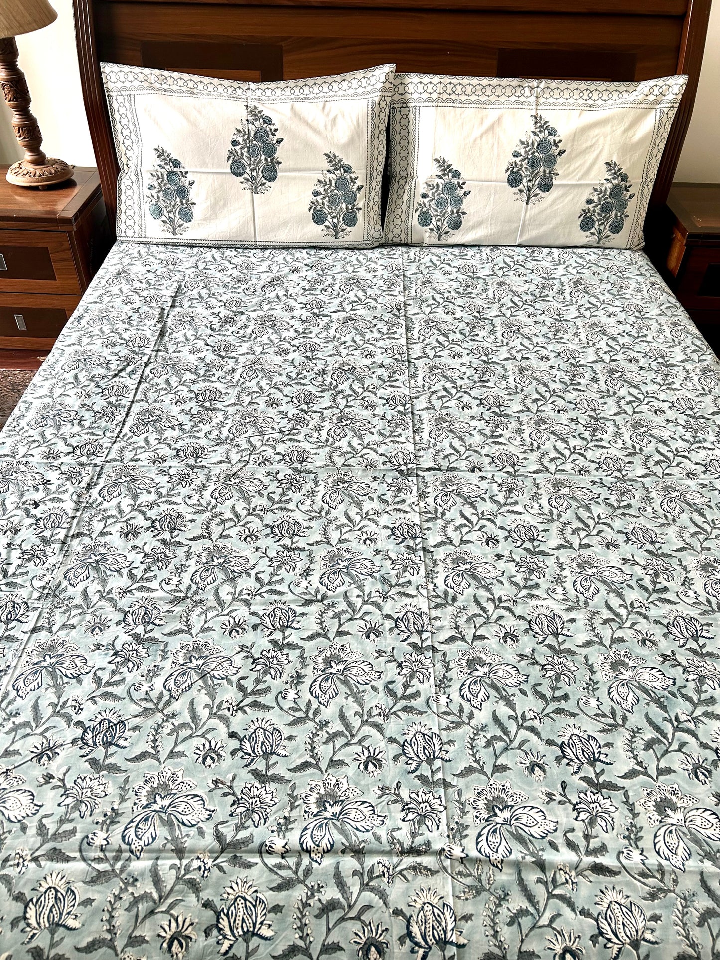 Bhumi Block Printed Grey Cotton Bedsheet(108x108)
