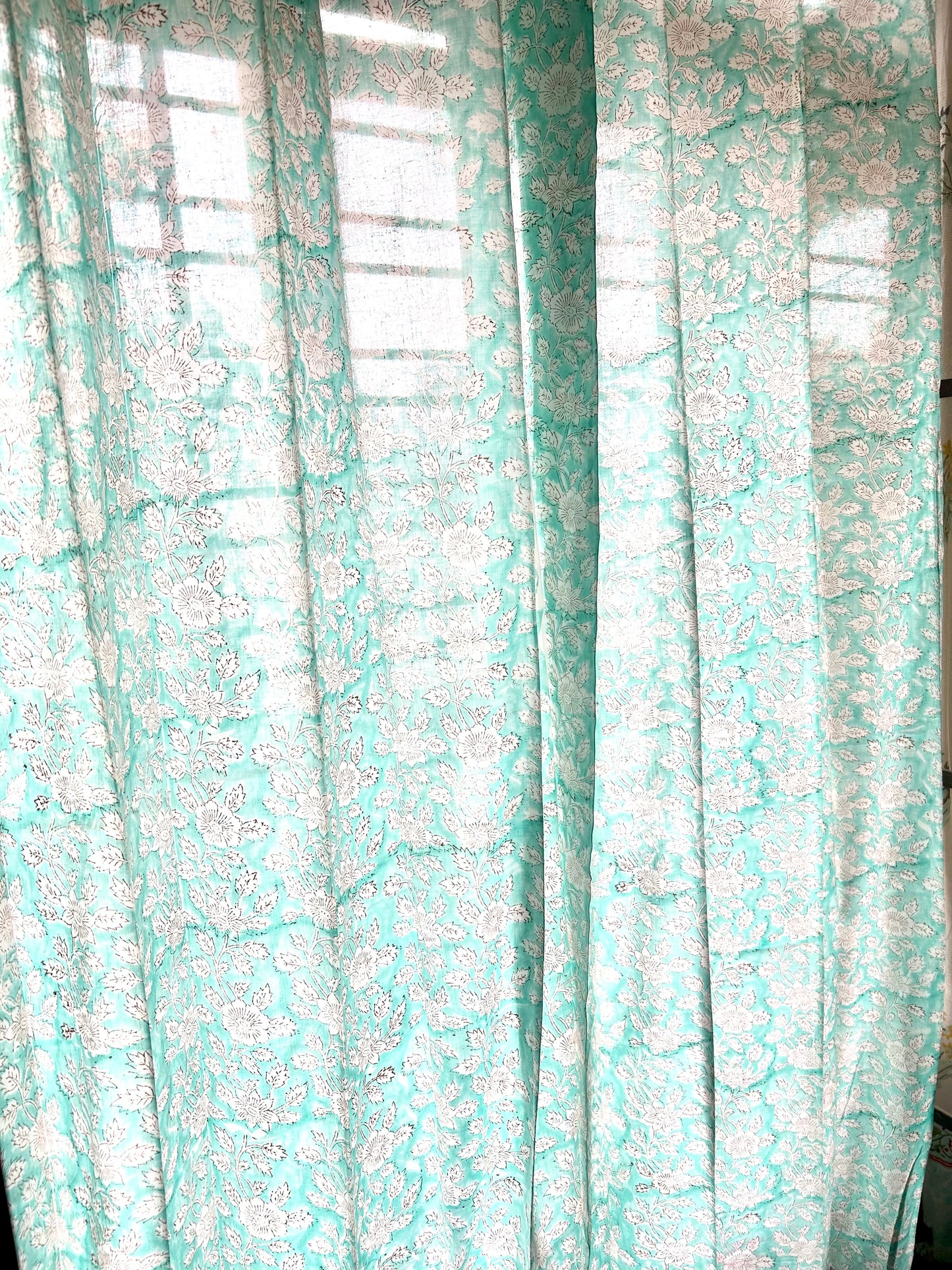 Blue Roses Block Printed Sheer Curtains