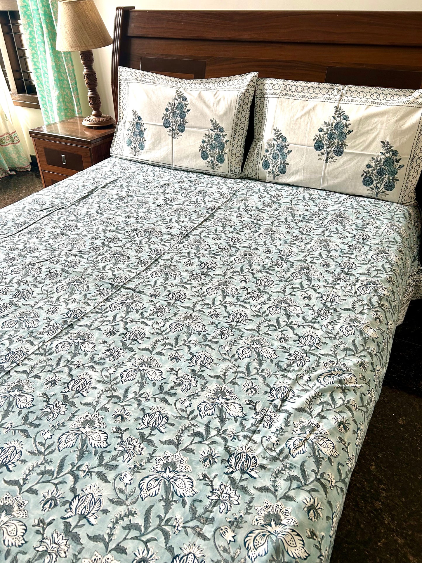 Bhumi Block Printed Grey Cotton Bedsheet(108x108)