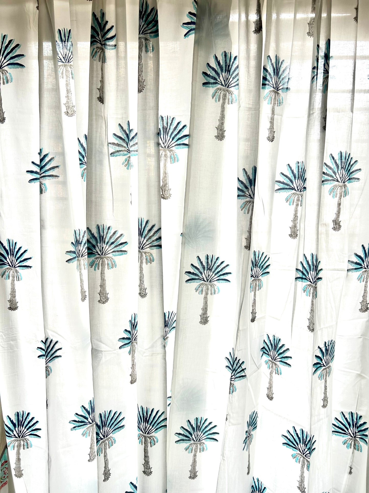 Blue Palm Block Printed Sheer Curtains