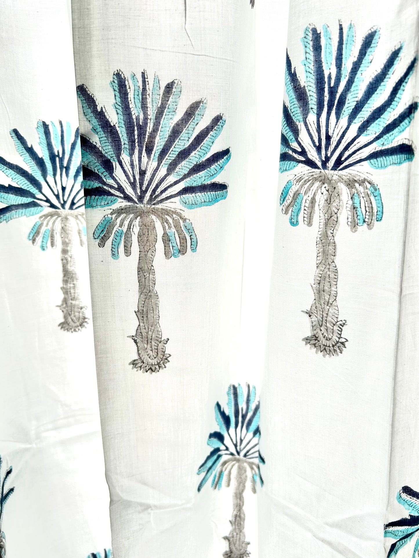 Blue Palm Block Printed Sheer Curtains