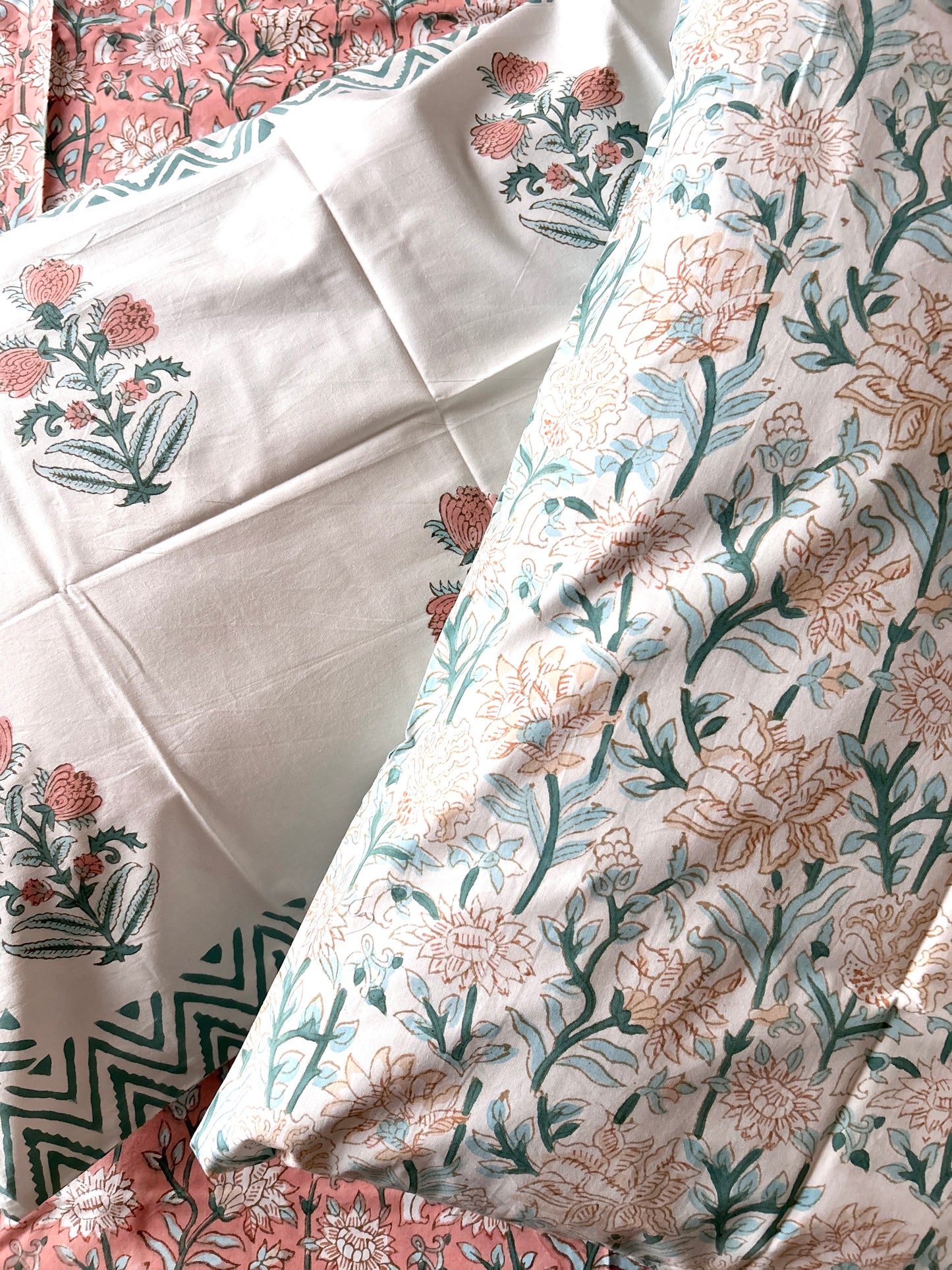 Peach Floral Block Printed Cotton Bedsheet(90x108)