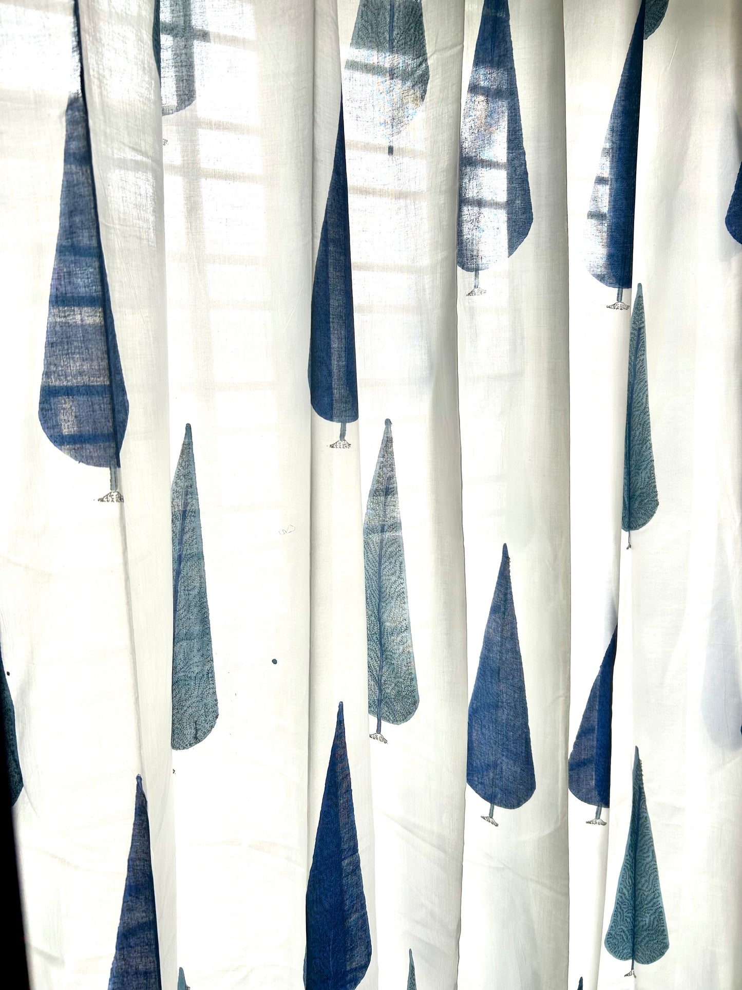 Blue Conifers Block Printed Sheer Curtains