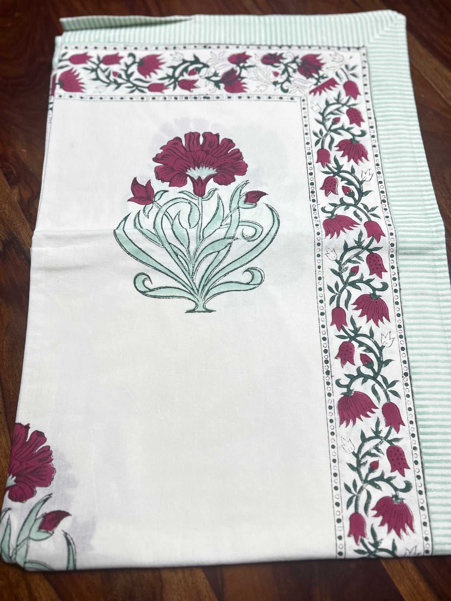 Red Hibiscus Block Print 6 Seater Rectangular Table Cover/Cloth