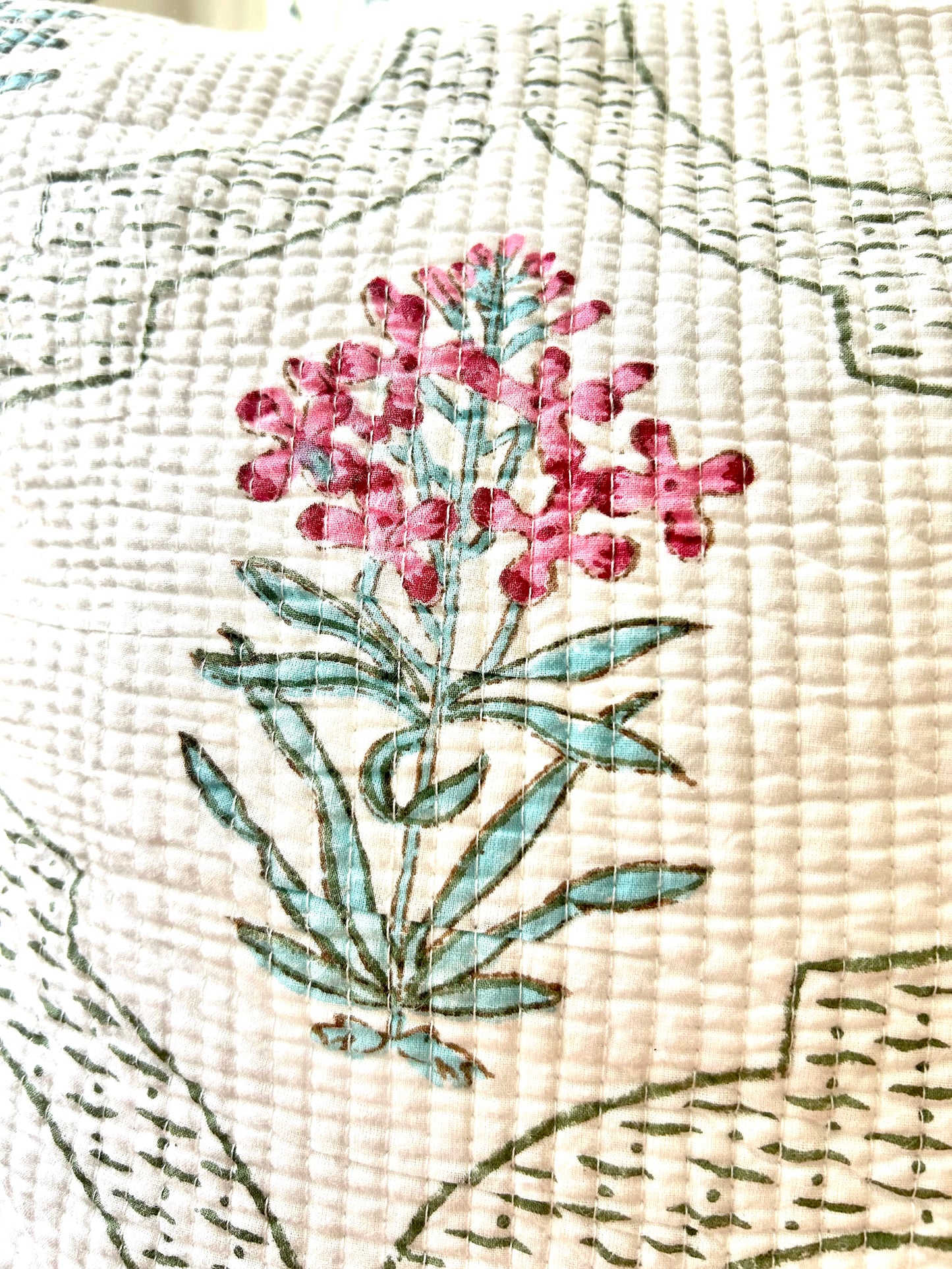 Pink teal Block Print Quilted Cushion Cover