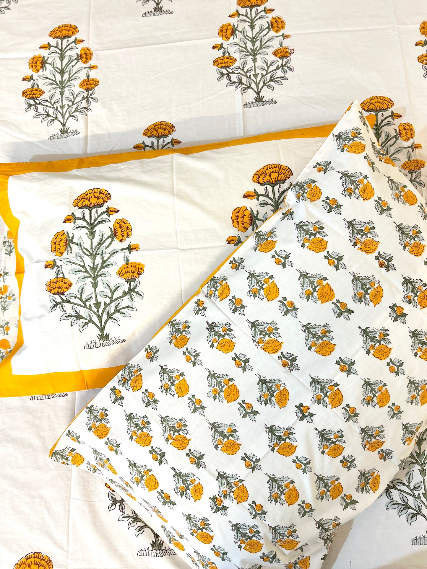 Yellow Floral Shrub Block Printed Cotton Bedsheet(108x108)