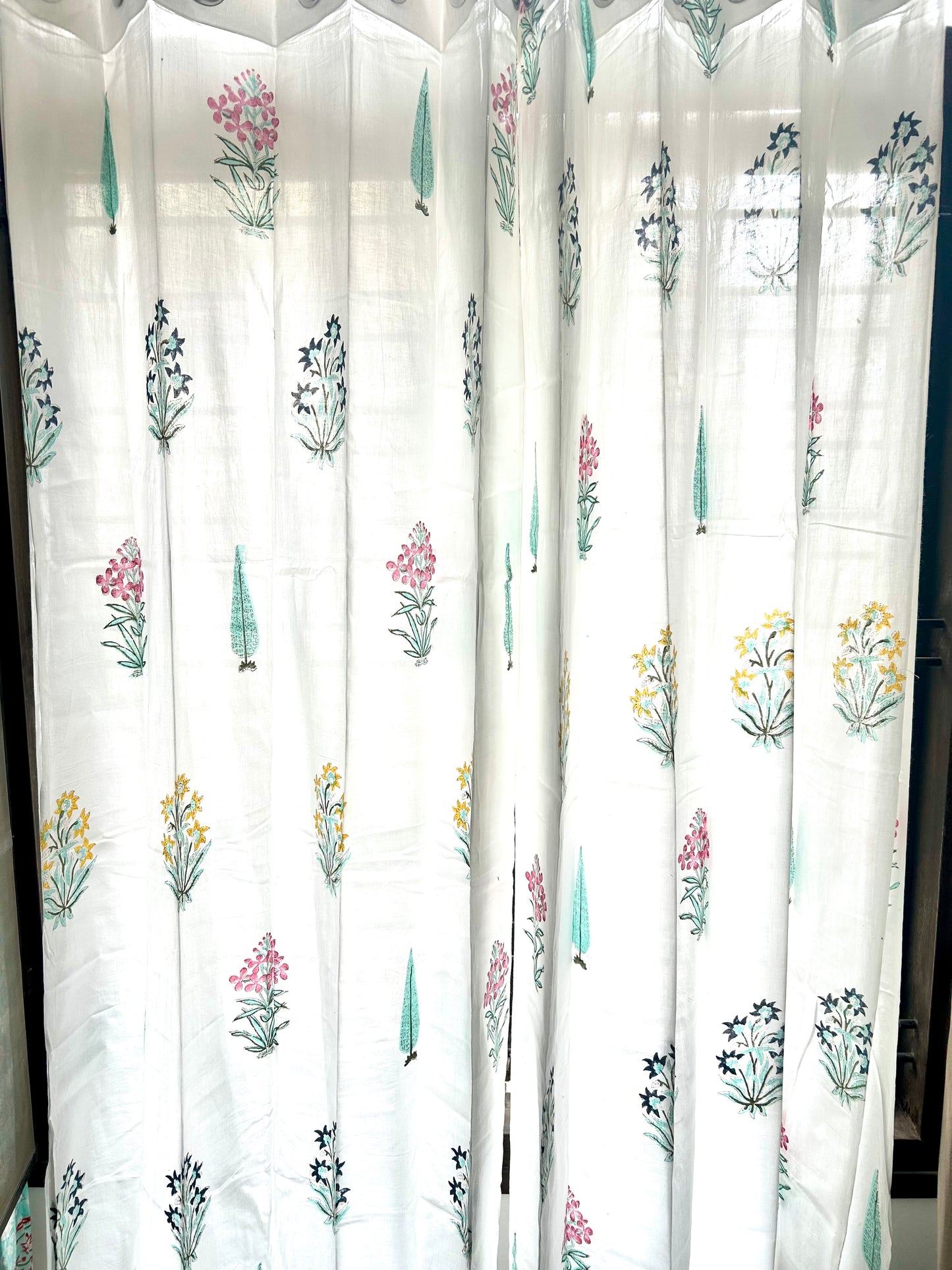 Tri Colour Floral Block Printed Sheer Curtains