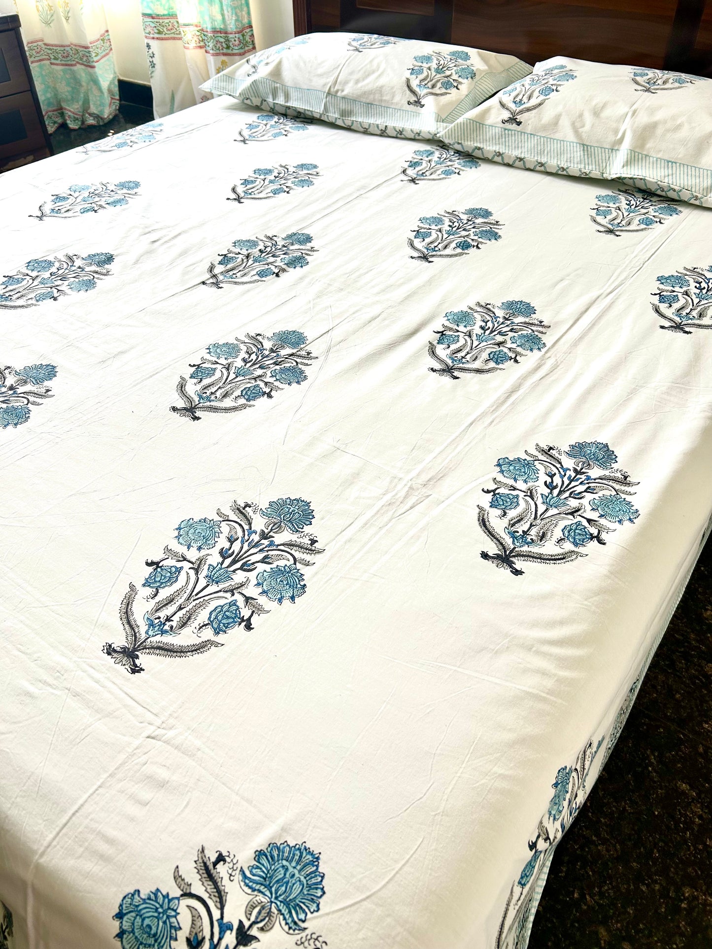 Navya Block Printed White Cotton Bedsheet(108x108)