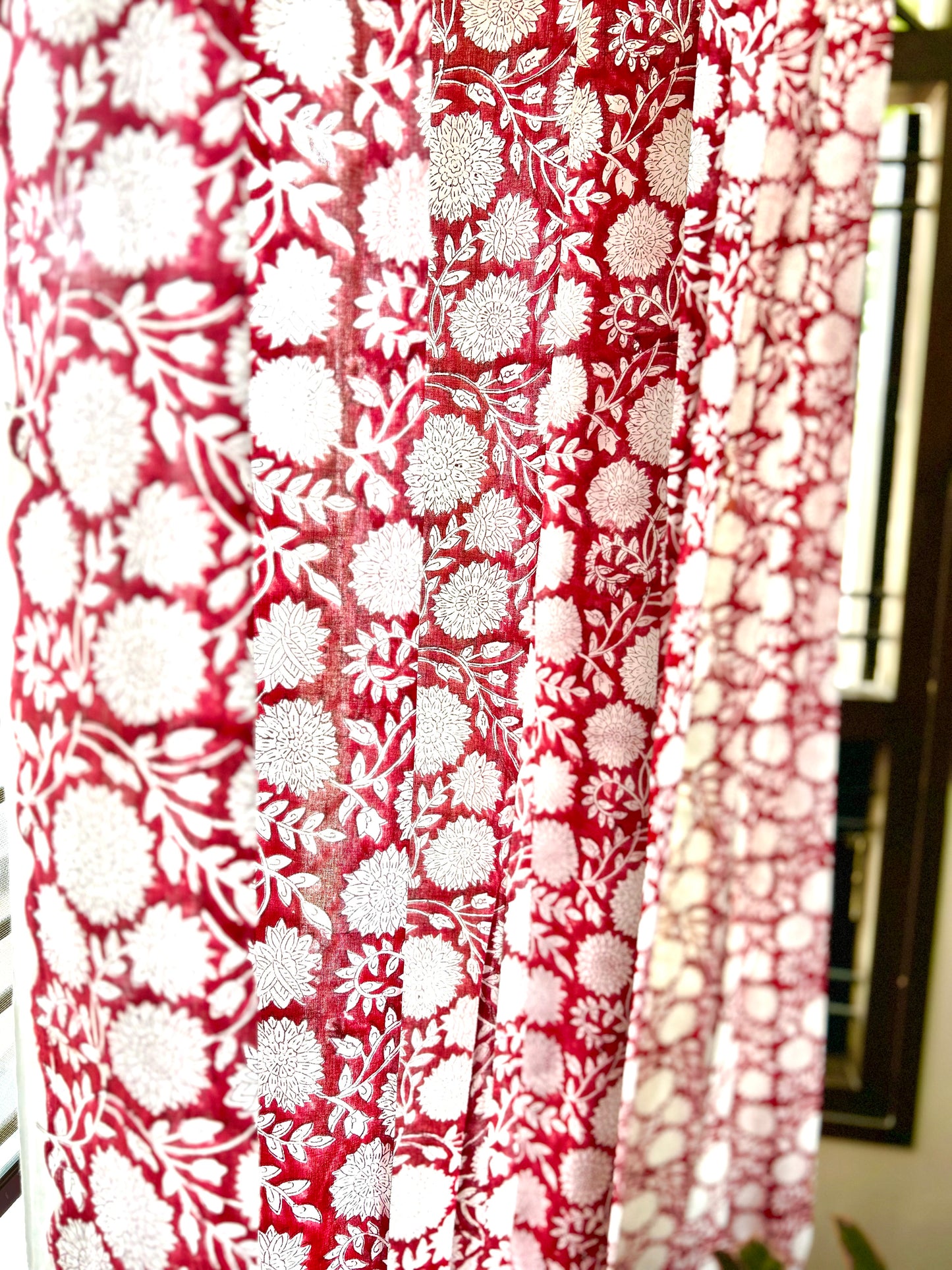 Red Floral Block Printed Sheer Curtains