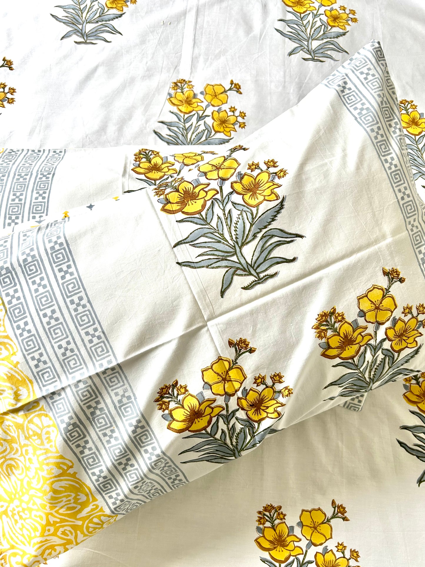 Kaner Block Printed Yellow Cotton Bedsheet(90x108)