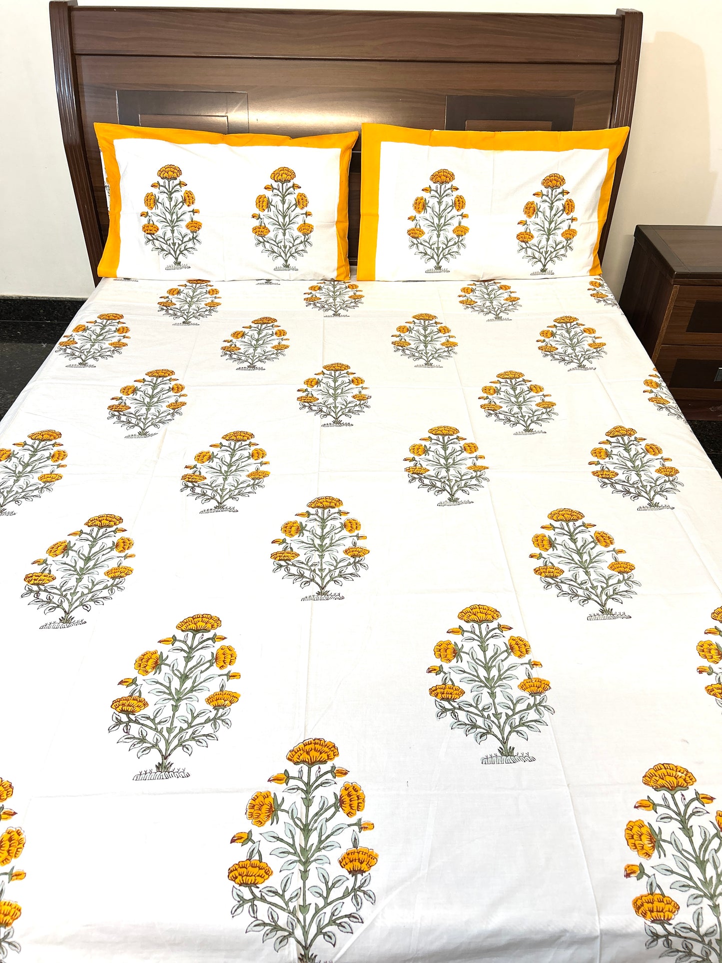 Yellow Floral Shrub Block Printed Cotton Bedsheet(108x108)