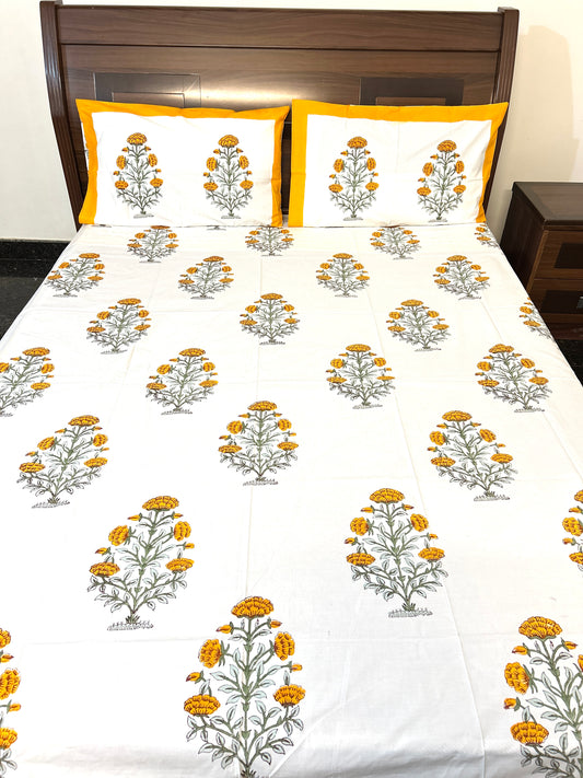 Yellow Floral Shrub Block Printed Cotton Bedsheet(108x108)
