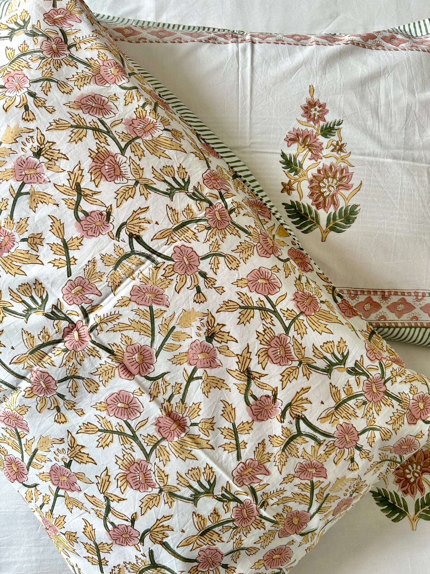 Floral Peach Block Printed Cotton Bedsheet(90x108) (Copy)