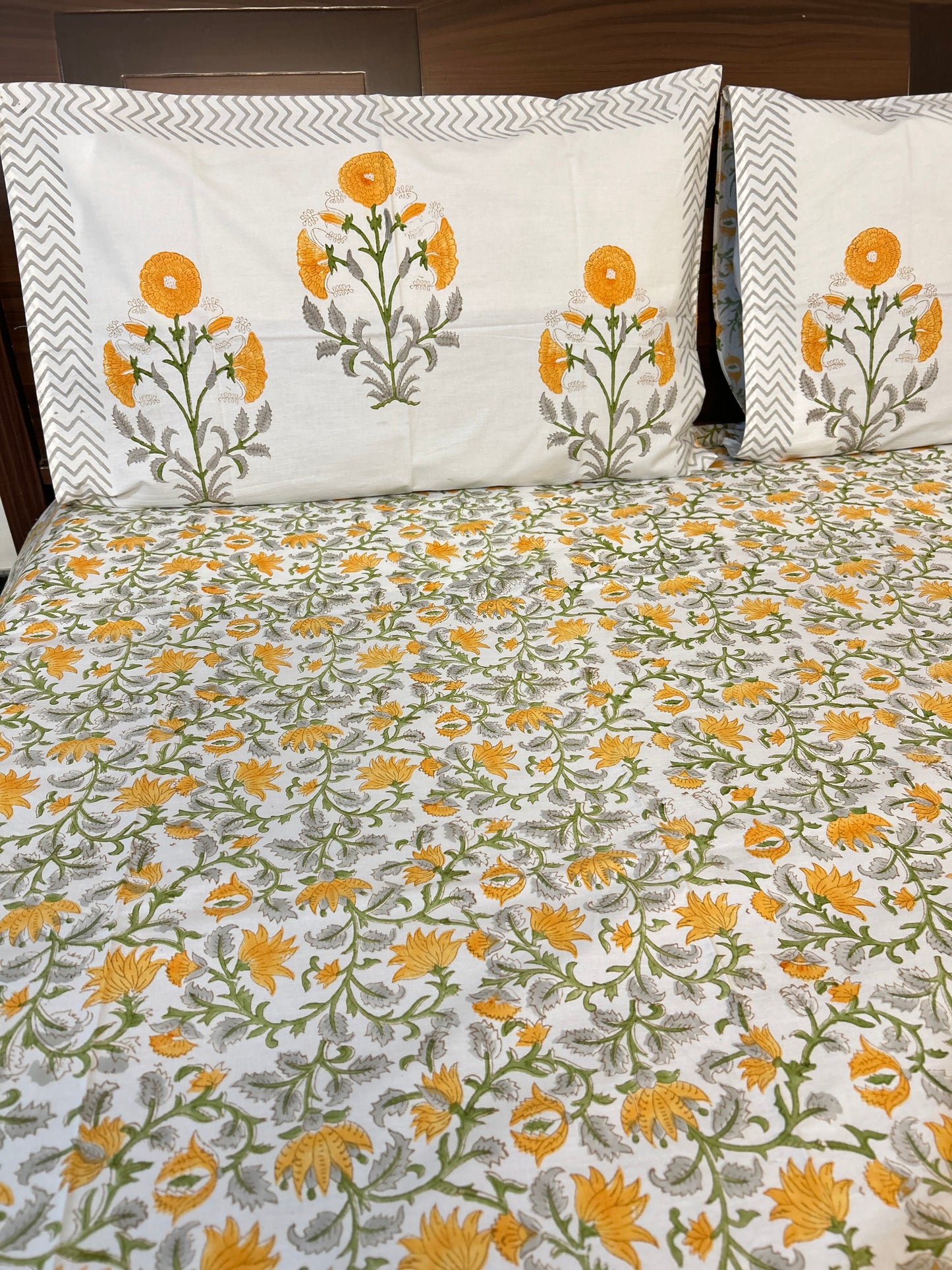 Yellow floral Vines Block Printed Cotton Bedsheet(90x108)