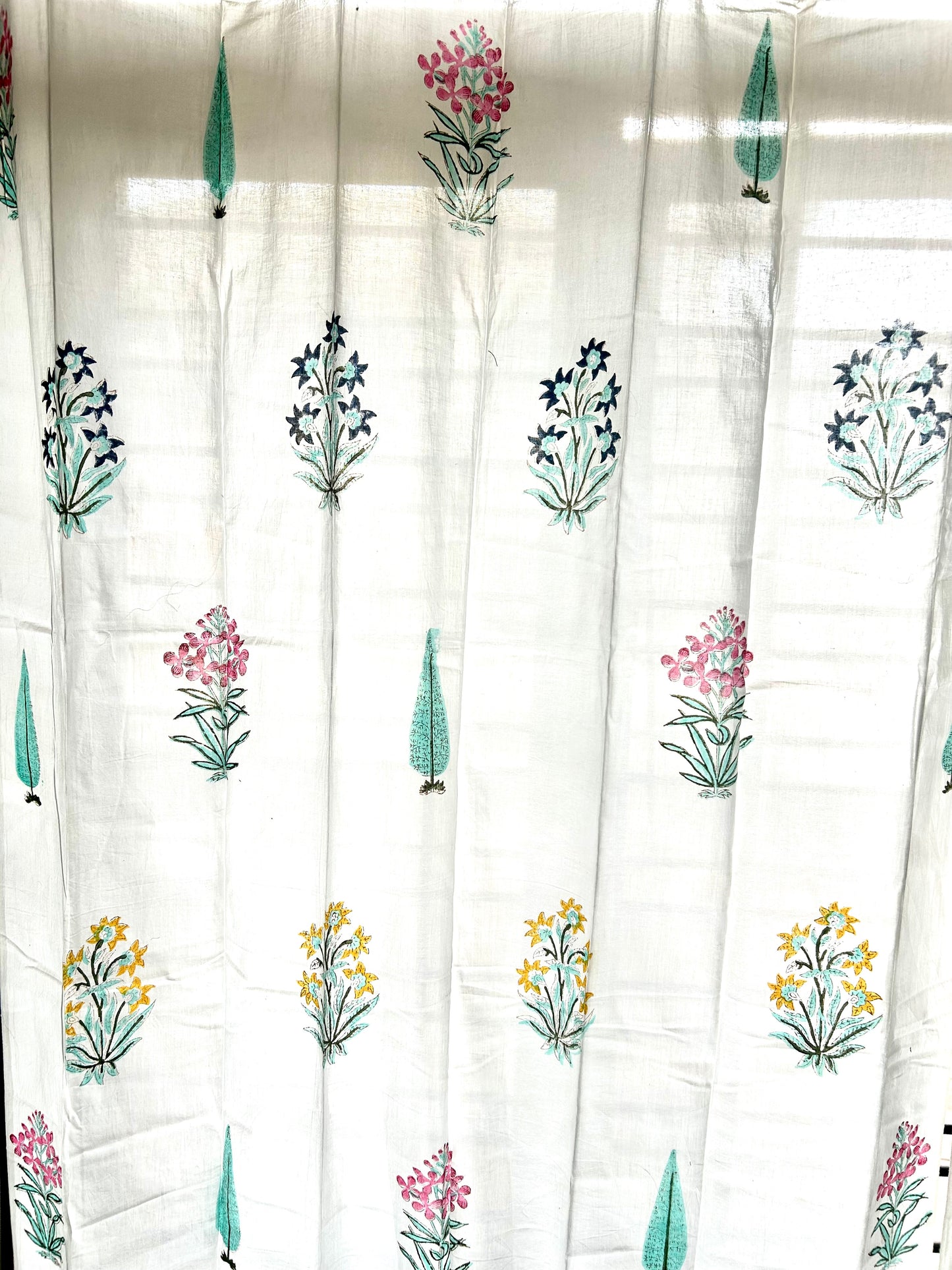 Tri Colour Floral Block Printed Sheer Curtains