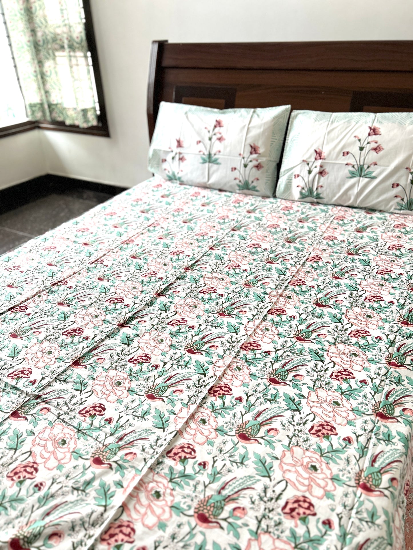Songbird Block Printed Cotton Bedsheet(108x108)