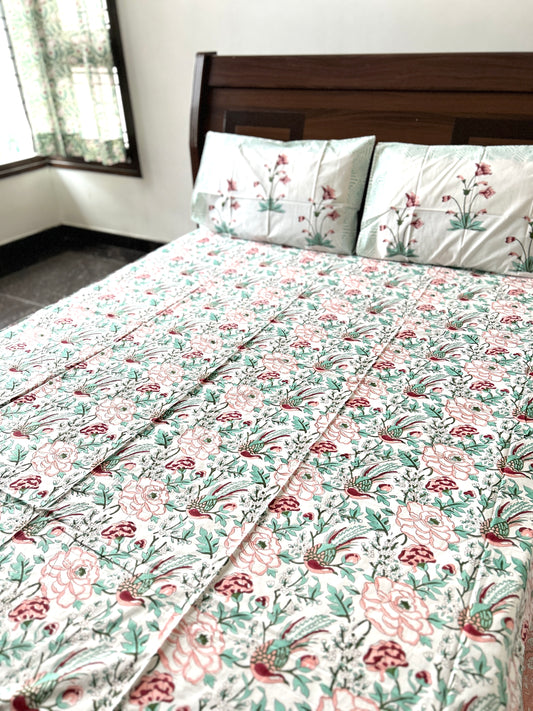 Songbird Block Printed Cotton Bedsheet(108x108)