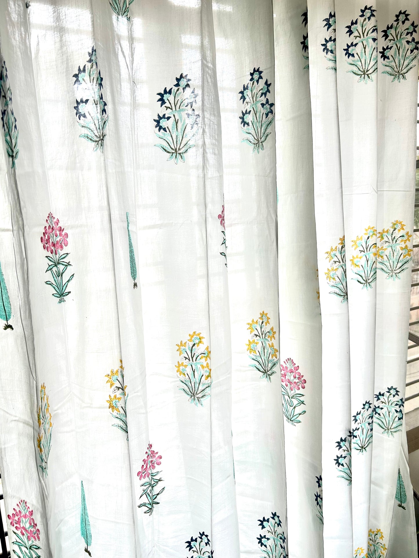 Tri Colour Floral Block Printed Sheer Curtains