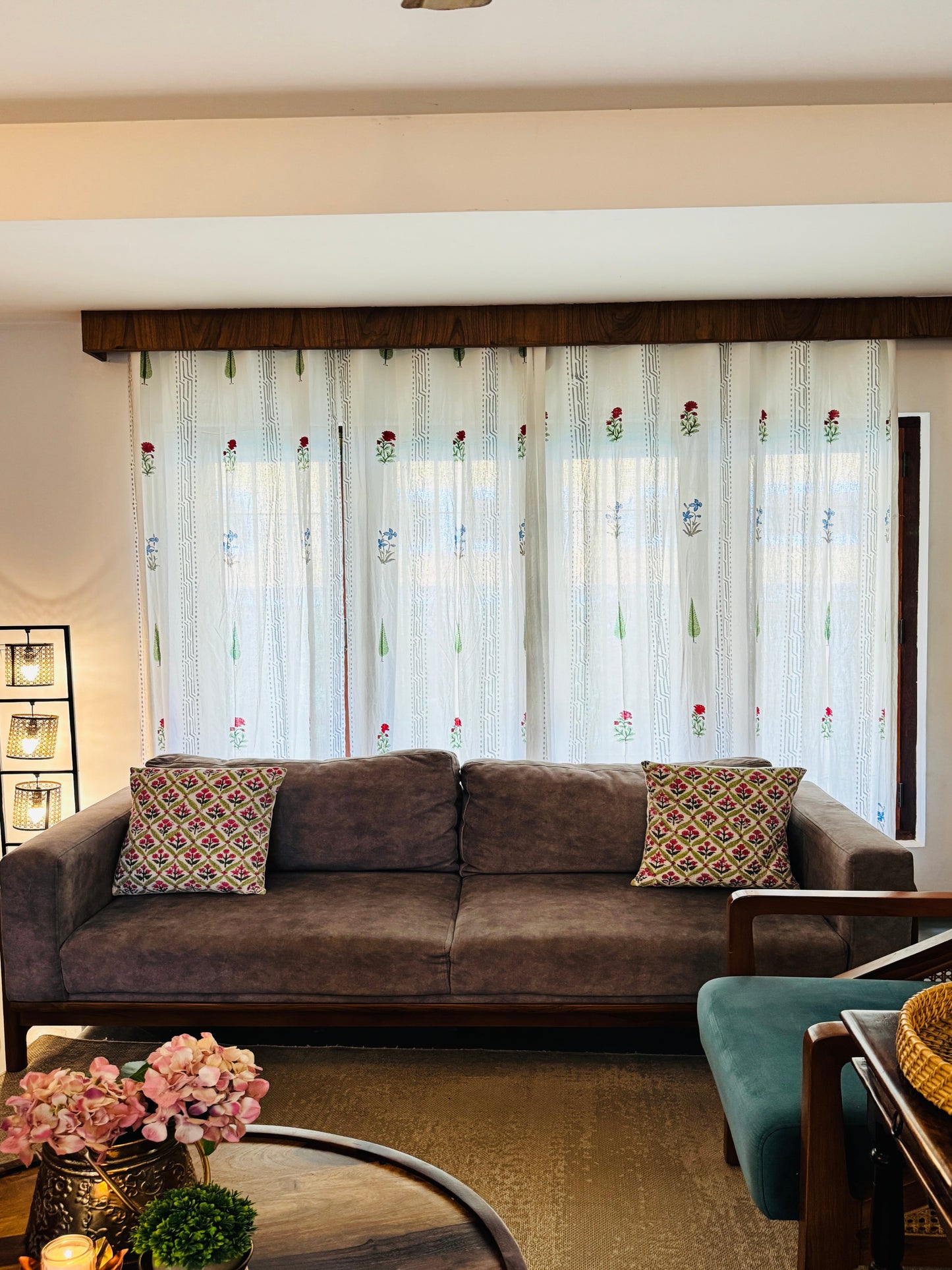 Floral Lines Block Printed Sheer Curtains