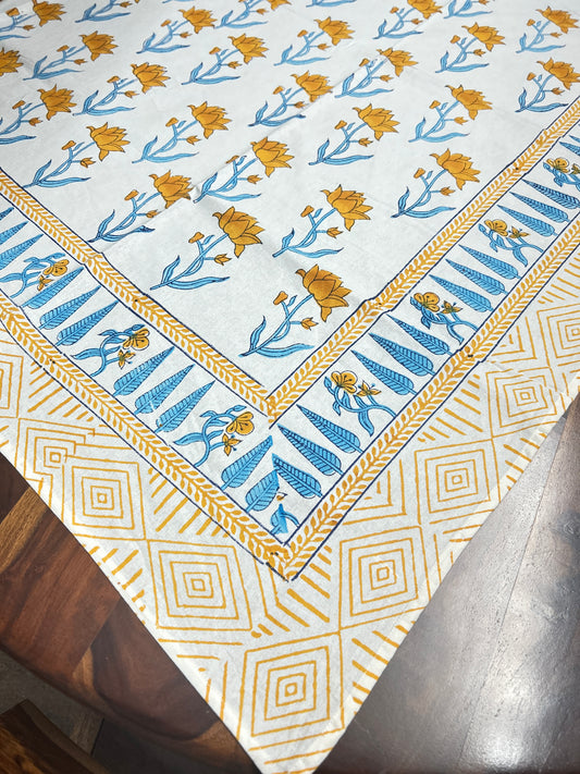Yellow floral Block Print 6 Seater Rectangular Table Cover/Cloth
