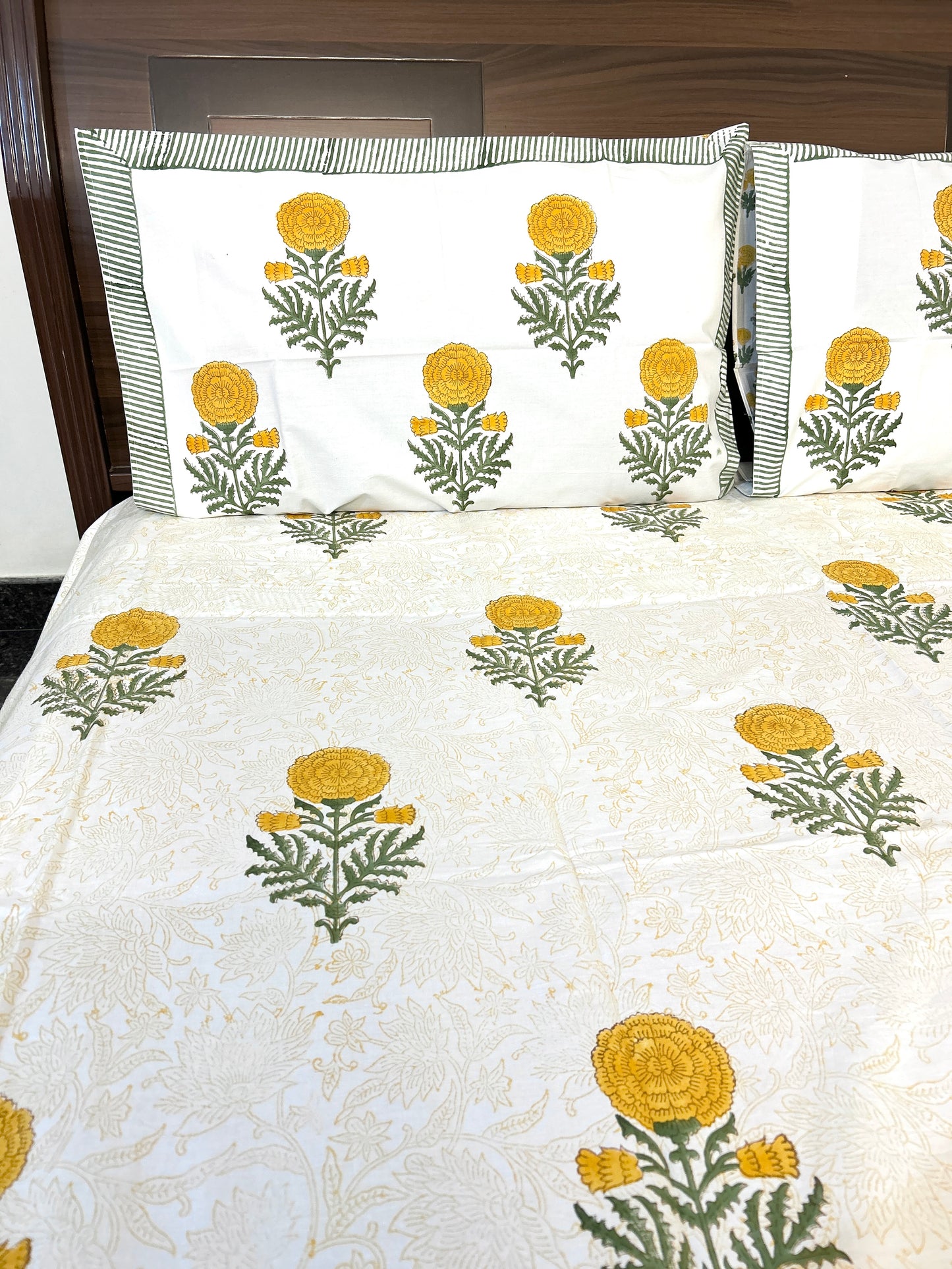 Yellow Marigold Block Printed Cotton Bedsheet(90x108)