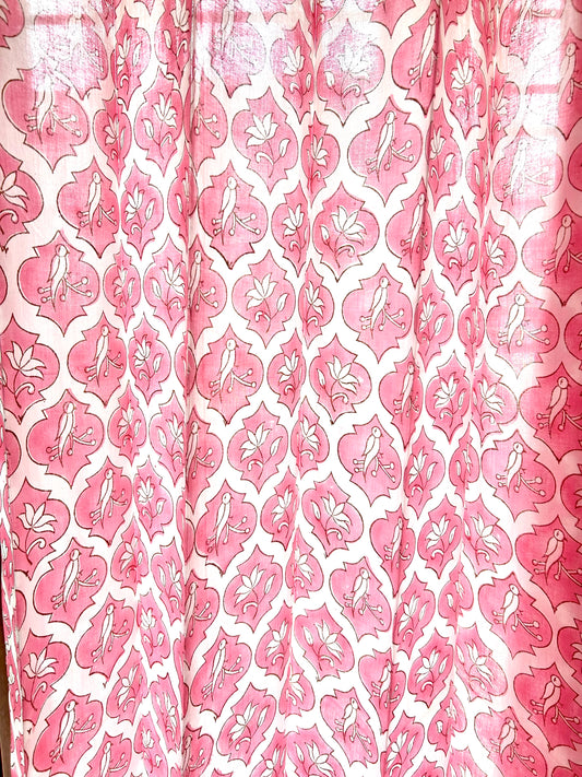 Pink Parrot Block Printed Sheer Curtains - 7 FEET