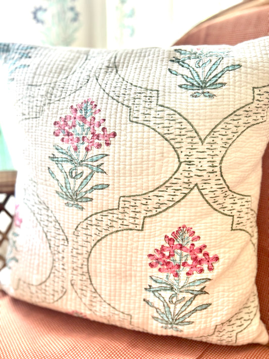 Pink teal Block Print Quilted Cushion Cover