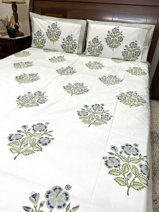 Sanvi Block Printed White Cotton Bedsheet(108x108)