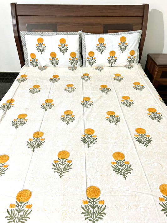 Yellow Marigold Block Printed Cotton Bedsheet(108x108)