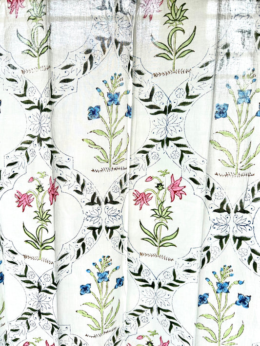 Lily And Peonies Block Printed Sheer Curtains - 7 FEET