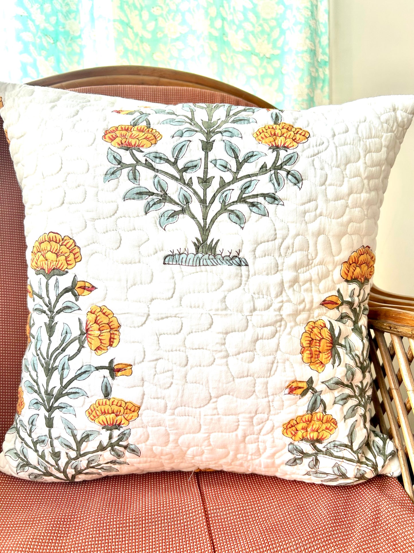 Orange Block Print Quilted Cushion Cover
