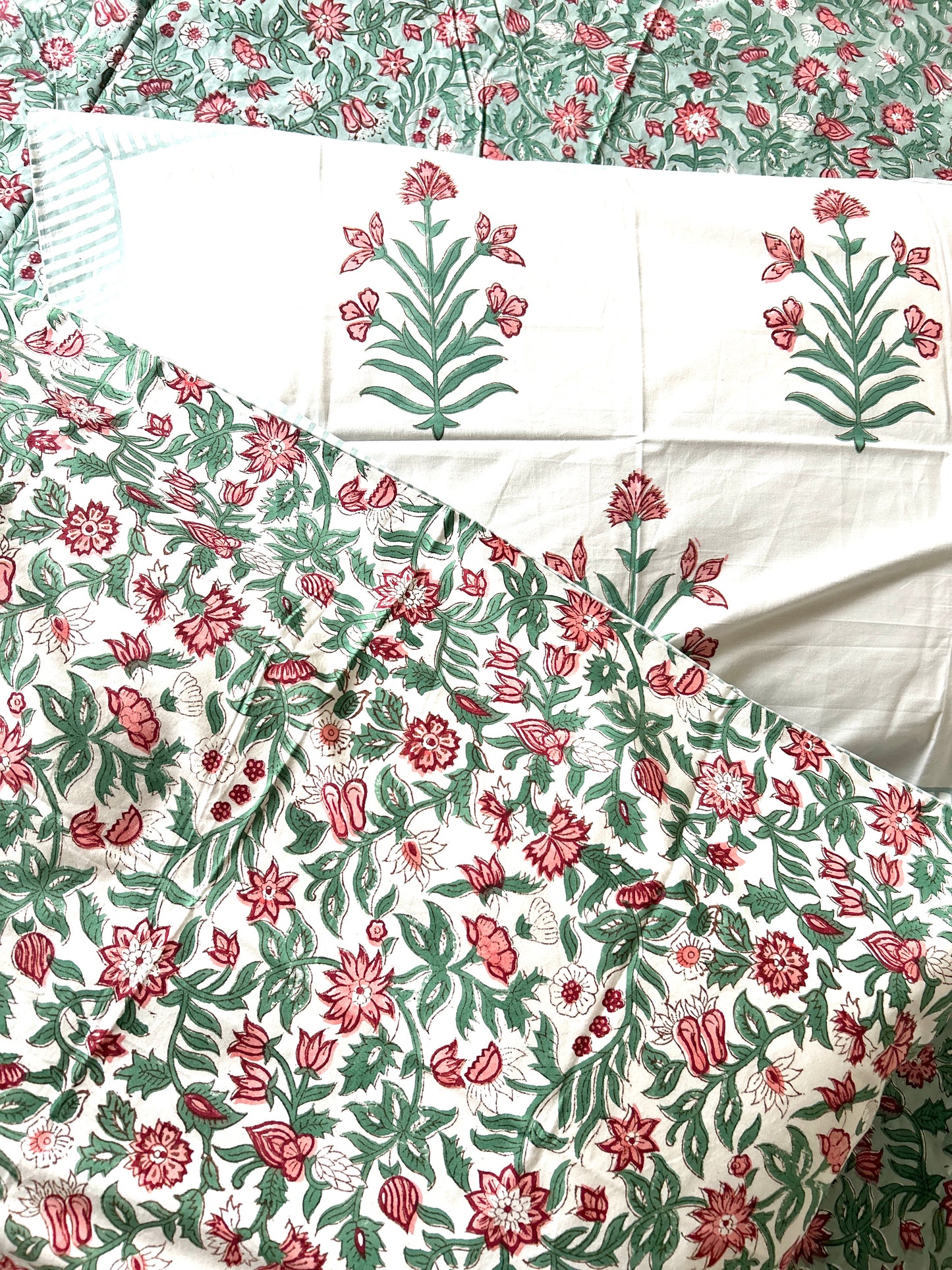 Sage Green Block Printed White Cotton Bedsheet(108x108)