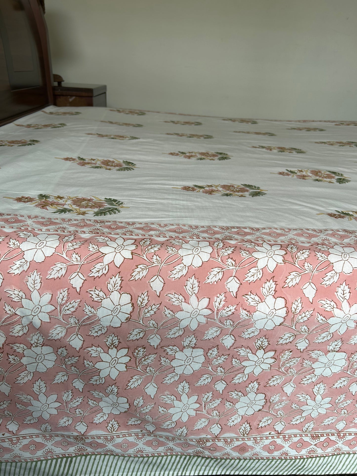 Floral Peach Block Printed Cotton Bedsheet(90x108) (Copy)