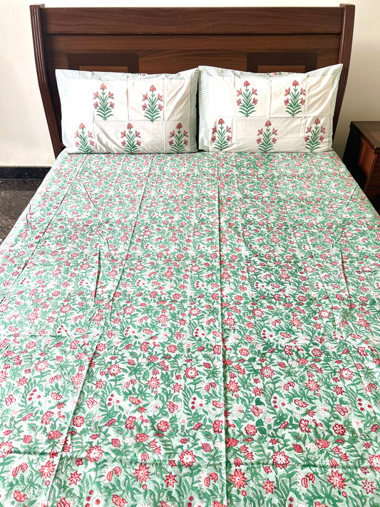 Sage Green Block Printed White Cotton Bedsheet(108x108)