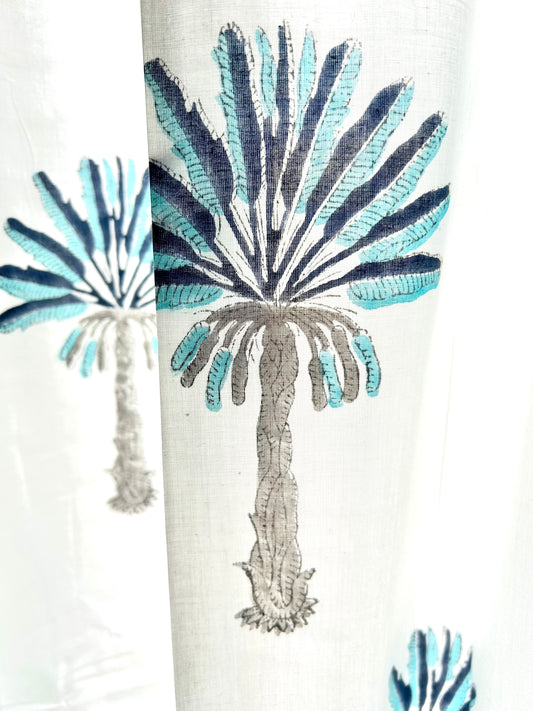 Blue Palm Block Printed Sheer Curtains