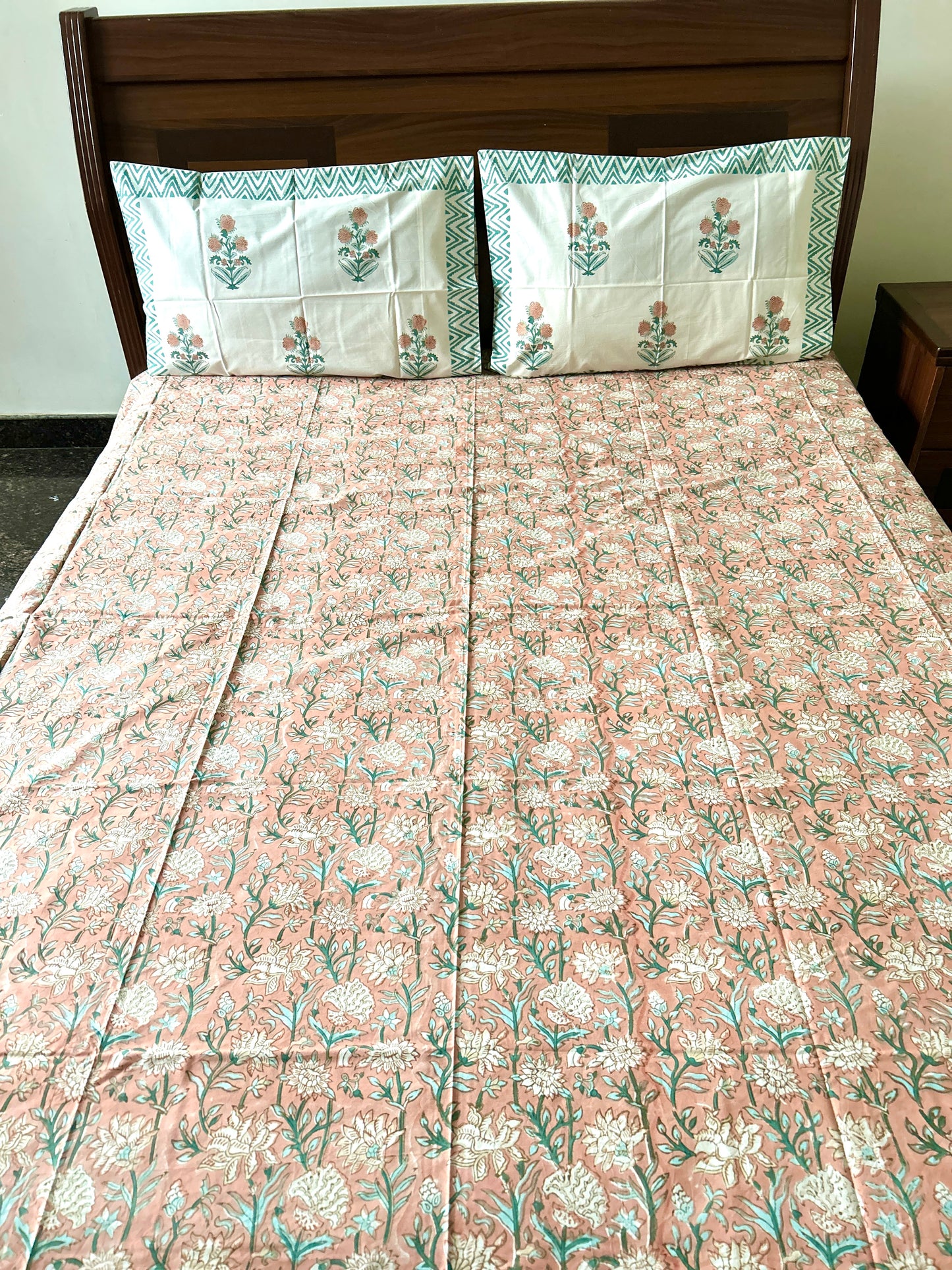 Peach Floral Block Printed Cotton Bedsheet(90x108)