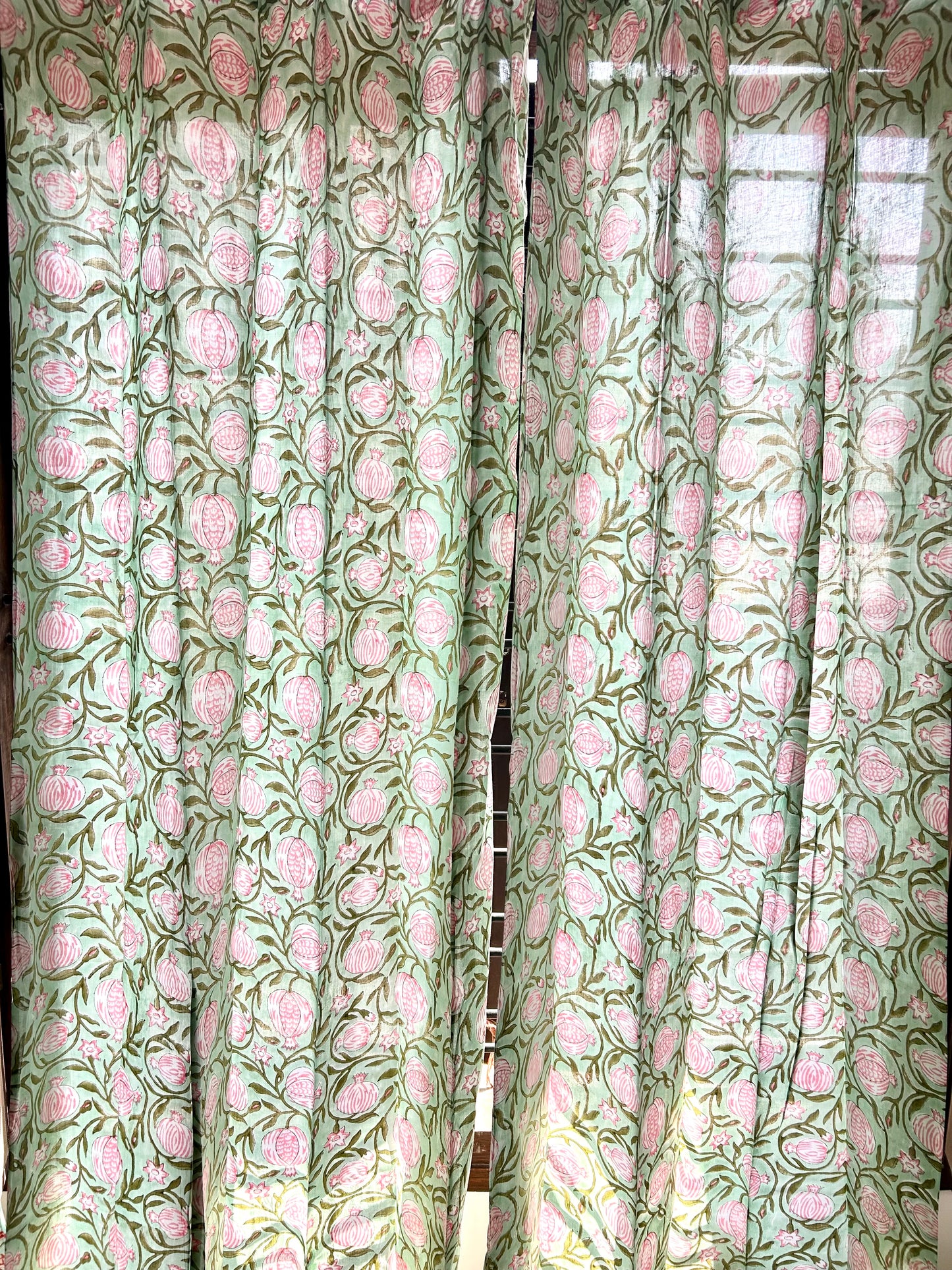 Pomogranate Green Block Printed Sheer Curtains