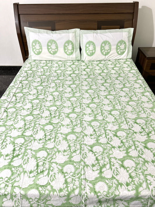 Pastel Green Block Printed Cotton Bedsheet(90x108)