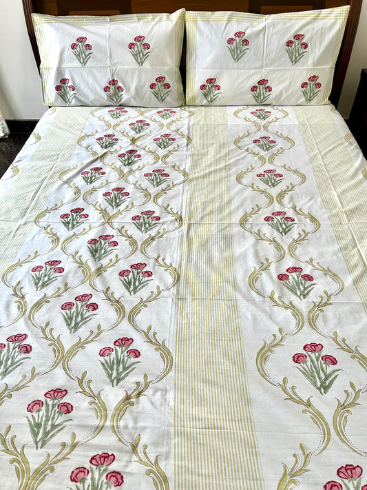 Trisha Block Printed White Cotton Bedsheet(90X108)
