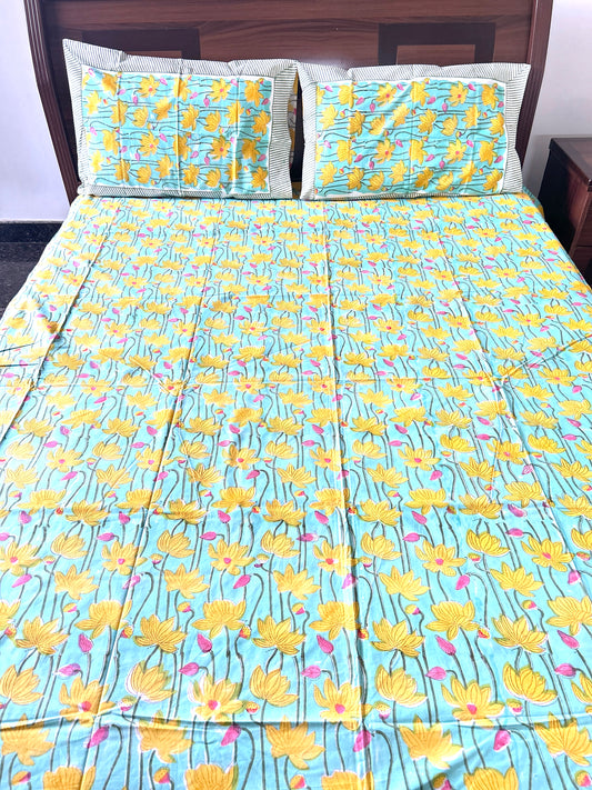 Sea Green Block Printed Cotton Bedsheet(108x108)