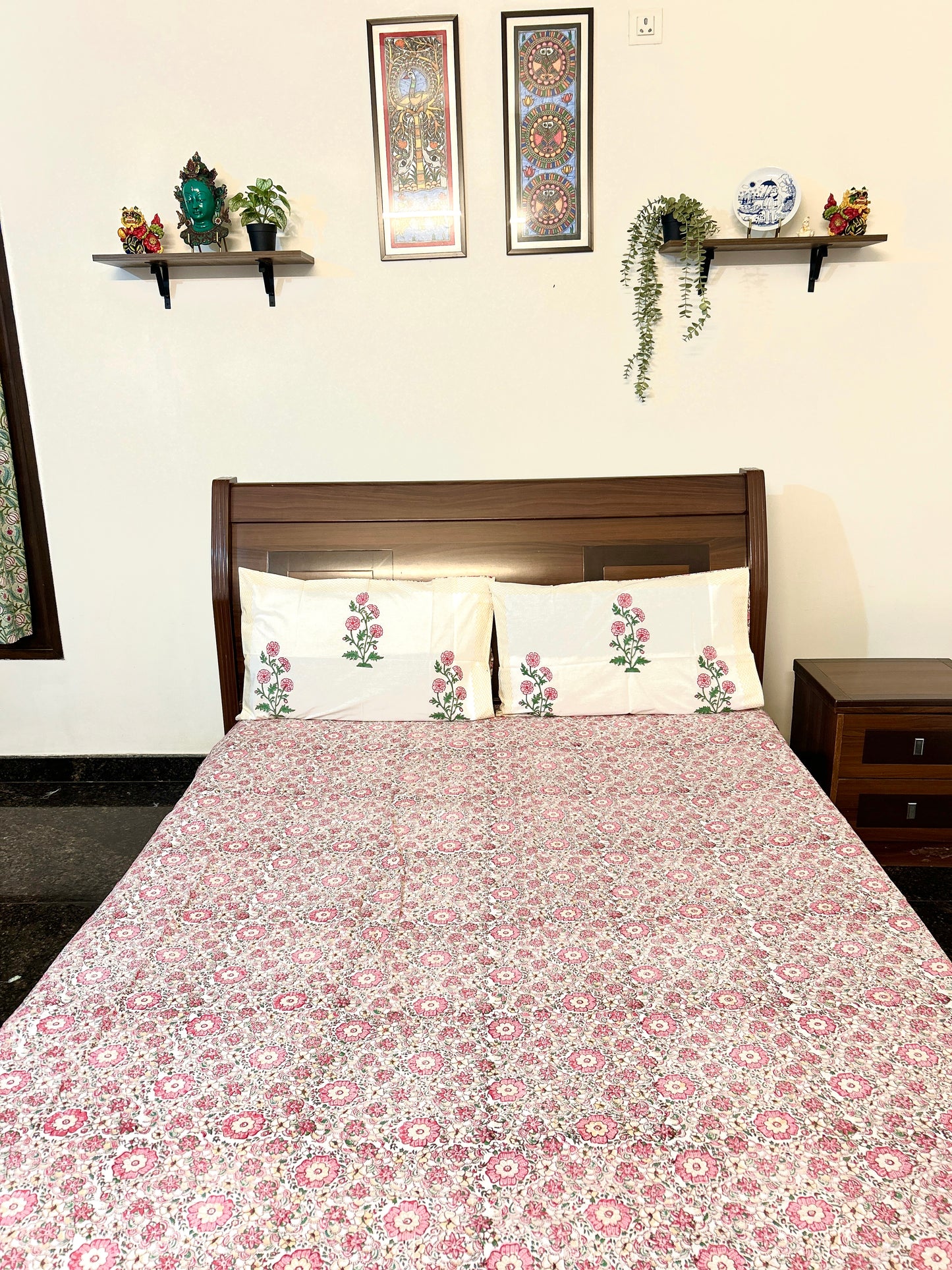 Pink floral Block Printed Cotton Bedsheet(90x108)