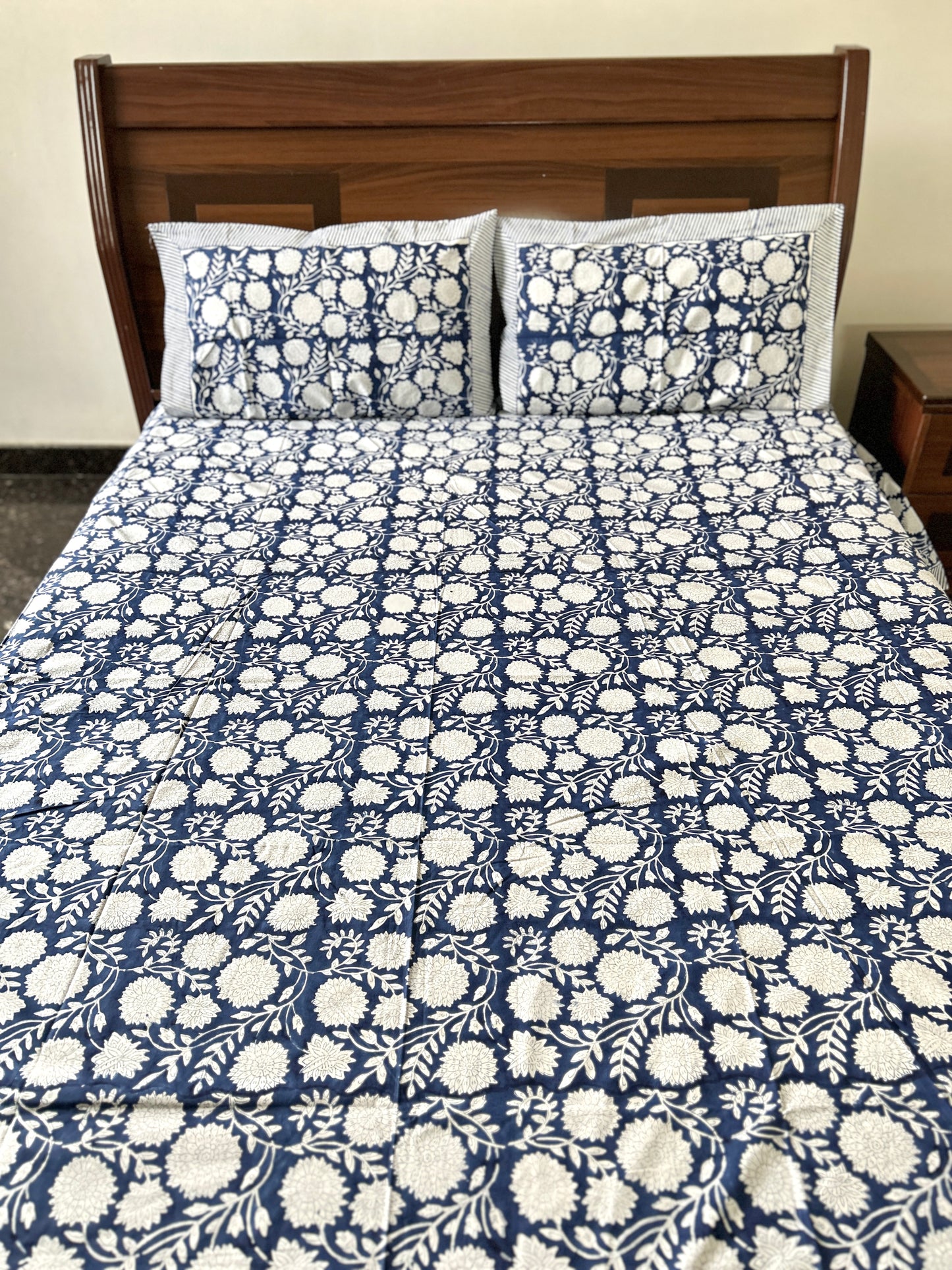 Navy Blue Block Printed Cotton Bedsheet(108x108)